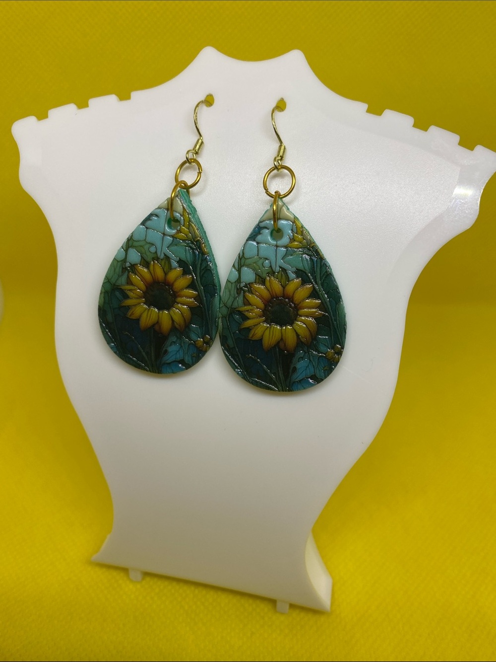 Sunflower Teardrop Dangle Earrings in Teal and Yellow - Women Jewelry